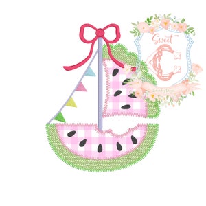 Watermelon Scallop Sailboat ZIGZAG Stitch Applique Machine Embroidery Design Summer Spring Beach Vacation 4x4, 5, 5x7, 6x10