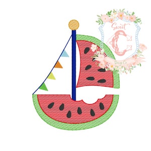 Watermelon Sailboat SKETCH Machine Embroidery Design Boy Girl Lake Vacation Beach 4x4, 5x7, 6x10