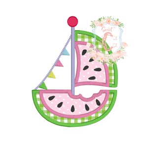Watermelon Sailboat Satin Stitch Applique Machine Embroidery Design Summer Spring Beach Boy Girl Vacation 4x4, 5, 5x7, 6x10