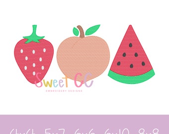 Summer Fruit Trio SKETCH Machine Embroidery Design 4x4 5x7 Boy Girl Lake Vacation Beach strawberry, peach, watermelon, lake