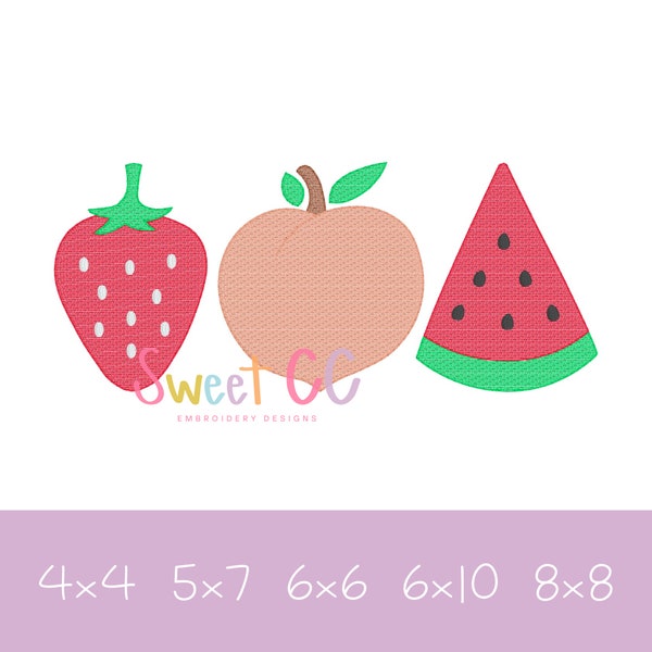 Summer Fruit Trio SKETCH Machine Embroidery Design 4x4 5x7 Boy Girl Lake Vacation Beach strawberry, peach, watermelon, lake