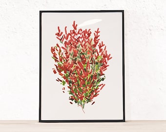 Autumn Tree Painting (Digital) - Red Robin Bush Drawing Print - Signed and Numbered - SHIPPING INCLUDED