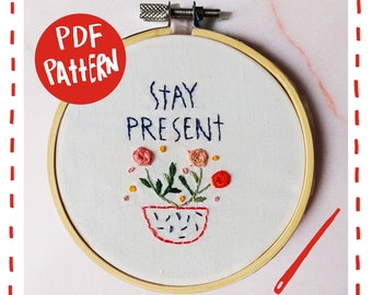 Pdf pattern. Flower Pot hand embroidery tutorial. Floral mindfulness embroidery Digital Download