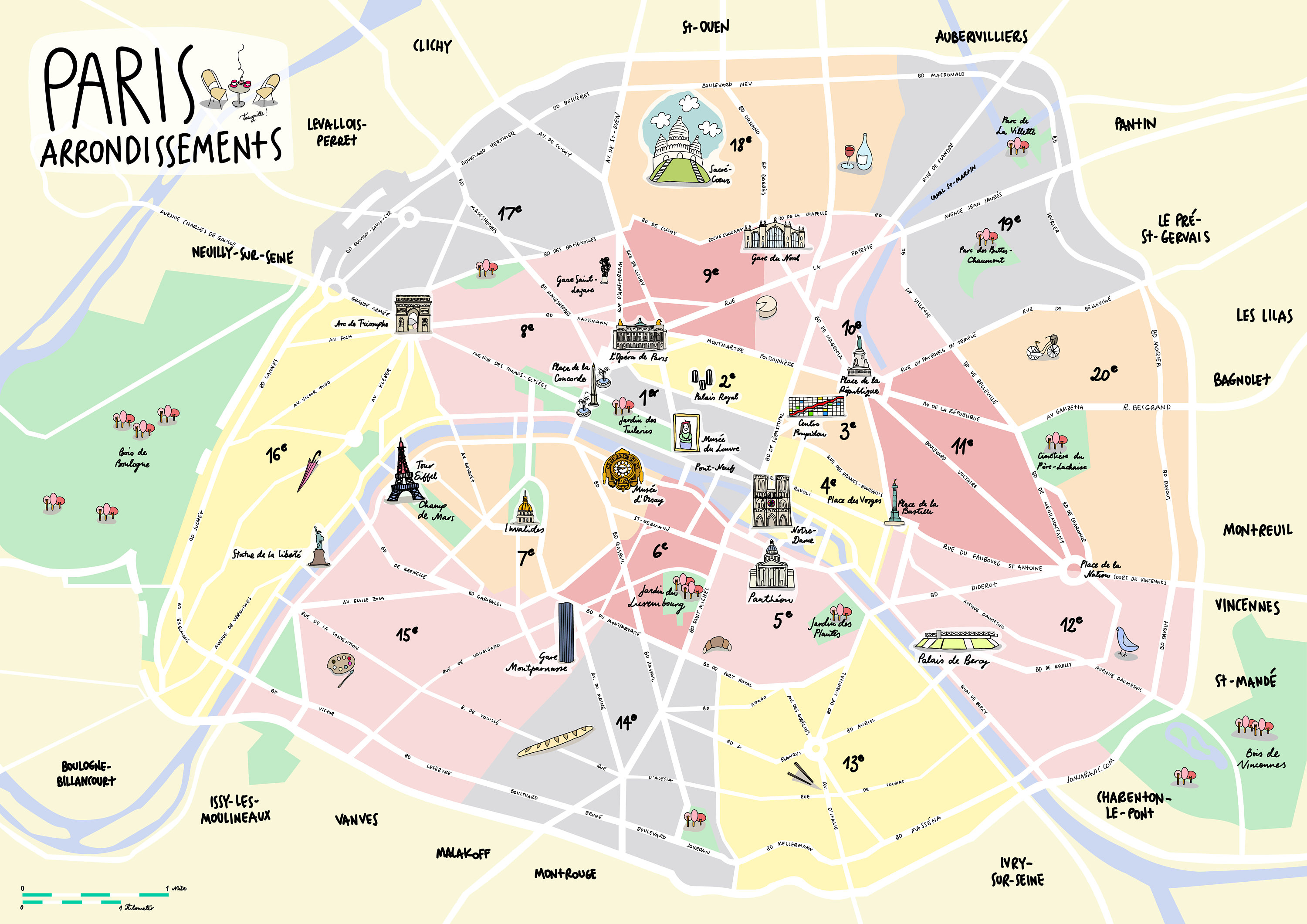 Mapa de París Partes de la Ciudad Paris Arrondissements Map Etsy