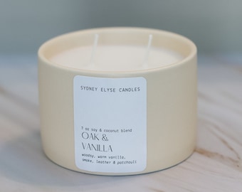 Oak and Vanilla Soy & Coconut Blend Candle - Woodsy Warm Vanilla Smoke Leather Patchouli Fragrance Cozy Cabin Candle