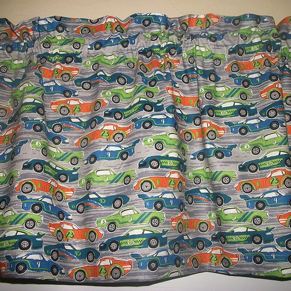 Race Cars boys bedroom Mancave fabric covering window topper curtain Valance