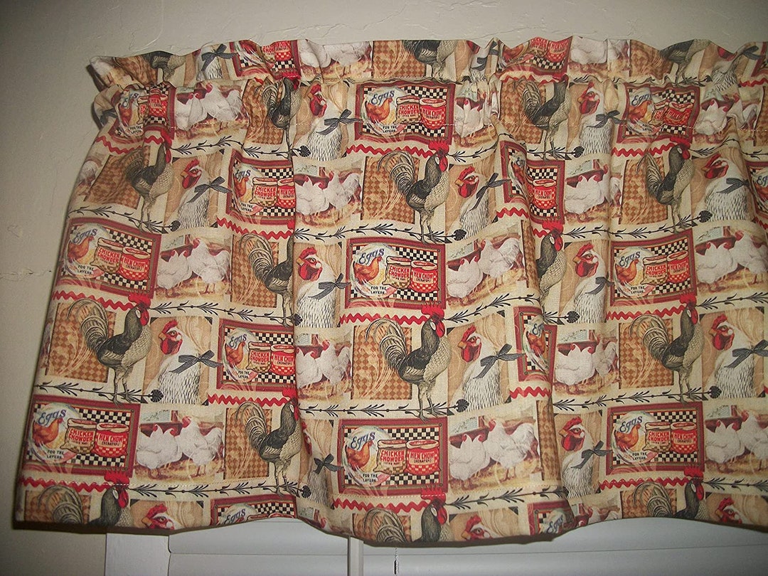 French Rooster Chicken Patchwork Kitchen Farm Red Fabric Curtain Topper ...