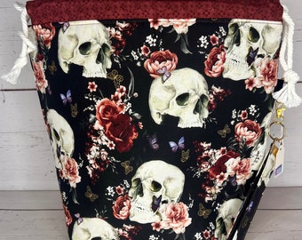 Black Skull, Roses, and Gold Butterflies Project Bag
