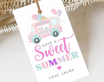 Sweet Summer Party Tags Printable Ice Cream Truck Gift Goodie Bag Labels Personalized Birthday Girl Thank You Tag Template Download E039