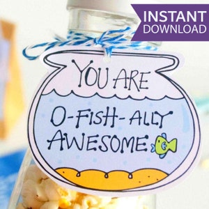 O-Fishally Awesome Printable Fishbowl Gift Tag Hand-Drawn Label You are awesome Party Favor Tag 001H image 2