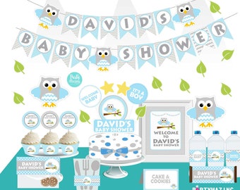 Owl Boy Baby Shower Party Set Printable Full Party Package Birthday Party or Baby Shower E002