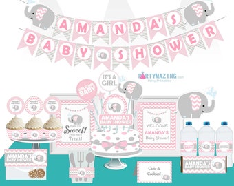 Editable Pink Elephant Baby Shower Set Printable Full Package Set for a Girl Baby Party E006