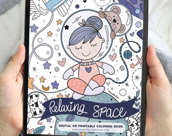 Relaxing Space Digital Coloring Book | Slowdown Your Mind | Ipad or Printable PDF Mental Health Tool |  M004-1