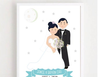 Cartoon Wedding Portrait | Hand-Drawn Bridal Shower & Wedding Gift |  Romantic Cartoon-Style Memory Keepsake E370