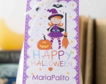 Hand Drawn Little Witch Printable Treat Bag Tag , Happy Halloween Rectangle Tag, Girly Witchy Pink Halloween Label for goodie bag E023