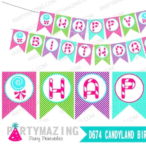 Candyland Birthday Banner DIY Printable Party Garland, Colorful Kids Party Decor, Happy Birthday Sign P017