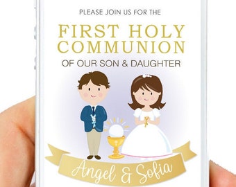 Girl and boy First Communion Invitation Digital Invite Twins or Siblings Modern Electronic Invitations Digital E050