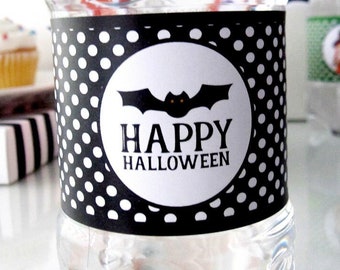 Bat Water Bottle Printable Happy Halloween Labels  Party Decor Black Polka Dot Bat Drink Sppoky Wraps Decorations E022