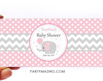 Pink Elephant Chocolate Bar Wrappers | Printable Party Favor | Hershey Chocolate | Girl Pink and Grey Wrappers | E169