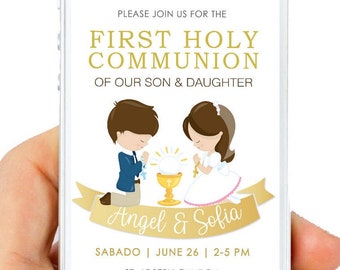 Girl And Boy First Holy Communion Digital Invitation Twins Or Siblings Modern Electronic Invitations First Communion E180