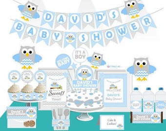 Zestaw na Baby Shower Blue Owl Edytowalny PEŁNY pakiet imprezowy dla chłopca Zestaw na Baby Shower E007