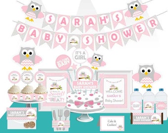 Editable Pink Owl Baby Shower Party Kit | DIY Printable Set for Baby Girl Celebration | Instant Digital Download with Editable Text E009