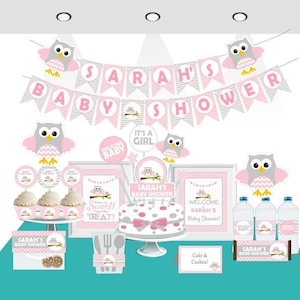 Editable Pink Owl Baby Shower Party Kit | DIY Printable Set for Baby Girl Celebration | Instant Digital Download with Editable Text E008