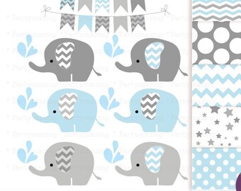 Blue Elephant Clipart Set + Paper Set Baby Shower Decoration Digital Graphics E029