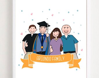 Cartoon Graduation Portrait Gift, hand-drawn Graduation Family Gift Illustration Portrait Cartoon Style | PK07|E441