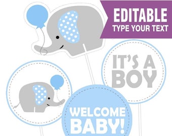 Słoń, ozdoba na środek Baby Shower | Wydrukowana, zrób to sam, ozdoba na tort | E142