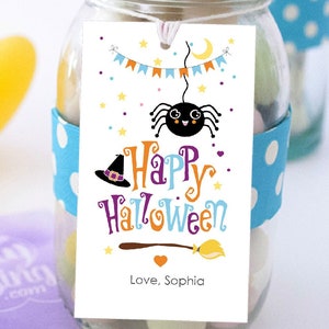 Etiqueta de regalo imprimible de araña de Halloween / Etiqueta de dulces de Halloween para niños DIY / Plantilla personalizada editable para bebés y niños / E210