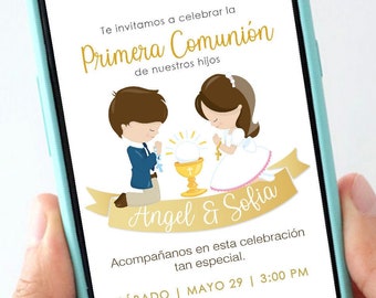 Invitación Primera Comunión Digital Personalizada para Telefono Niño Y Niña Gold Ribbon Tarjeta De Invitación Primera Comunión E047