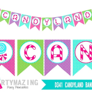 CANDYLAND Banner Printable Birthday Garland DIY Sweet Candy Shop Flag Banner Lollipop Party Decoration | E173-1