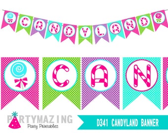CANDYLAND Banner Wydrukuj Girlanda urodzinowa DIY Słodki sklep ze słodyczami Flaga Baner Dekoracja na imprezę Lollipop | E173-1