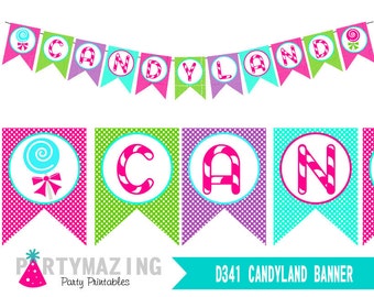 Candyland Banner Printable Banner DIY Table Decoration, Candy Shop Garland, Lollipop Party Decoration, Colorful Flag Banner Decoration E173