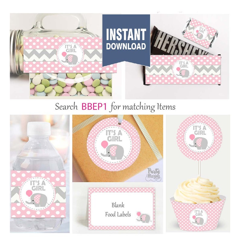 Pink Elephant Baby Shower Set Printable Elephant party decor | Etsy