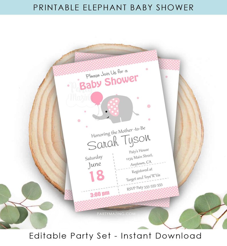 Pink Elephant Baby Shower Invitation Printable Girl Baby Etsy