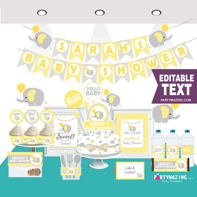 Editable Yellow Elephant Baby Shower Full Package Decoration Etsy