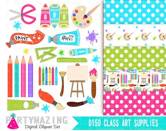 Art Supplies ClipArt Set and Digital Paper Pack| Art Class  | PK12 | E292