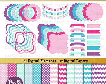 37 roze frame en banner clipart- en papierset voor digitale scrapbooking of designelementenpakket | PK13 | E294