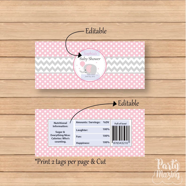Pink Elephant Chocolate Bar Wrappers Printable Party Favor Hershey Chocolate Girl Pink and Grey Wrappers E169 image 3