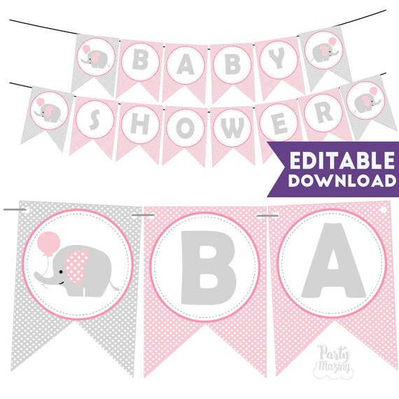Editable Pink Elephant Banner | Printable Pink Elephant Bunting Flags | Girl Birthday Party | PK03 | E159 Il_570xn