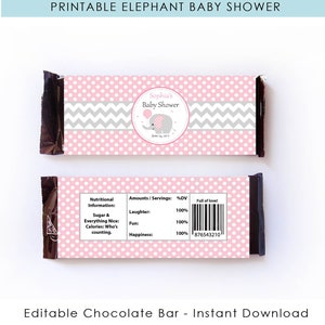 Pink Elephant Chocolate Bar Wrappers Printable Party Favor Hershey Chocolate Girl Pink and Grey Wrappers E169 image 2