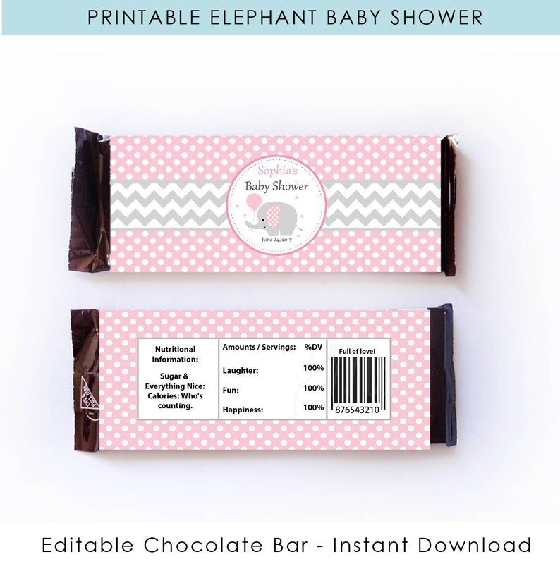 Pink Elephant Chocolate Bar Wrappers Printable Party Favor Hershey Chocolate Girl Pink and Grey Wrappers E169 image 2