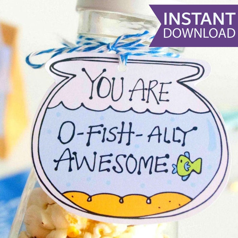 O-Fishally Awesome Printable Fishbowl Gift Tag Hand-Drawn Label You are awesome Party Favor Tag 001H image 2