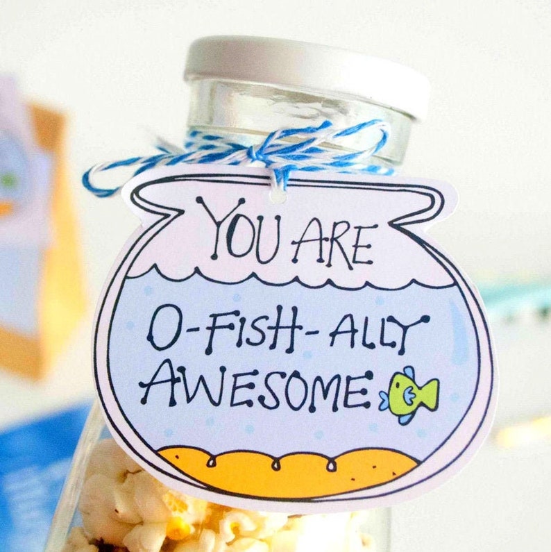 O-Fishally Awesome Printable Fishbowl Gift Tag Hand-Drawn Label You are awesome Party Favor Tag 001H image 1