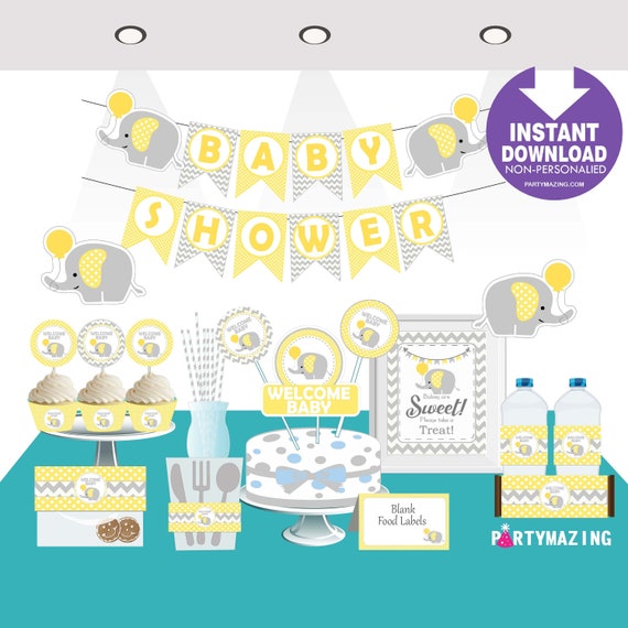 Yellow Elephant Baby Shower Set | Printable Express Party Set Package Decoration | PK03 | E045 Il_570xn