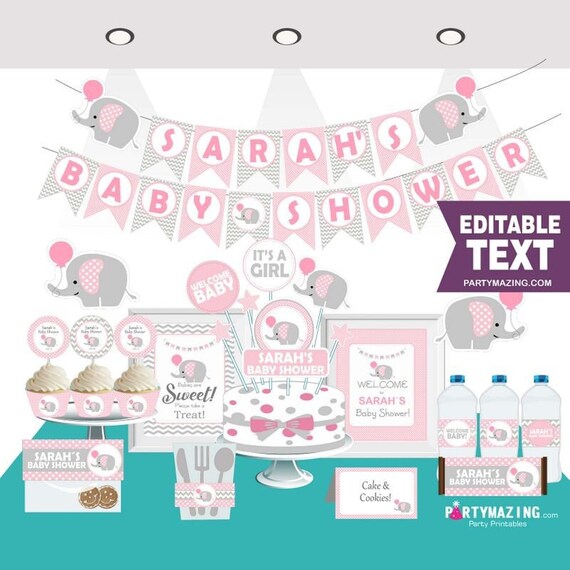 Pink Elephant Baby Shower Set | Editable Baby Shower Full Party Package Set | PK03 | E009 Il_570xn
