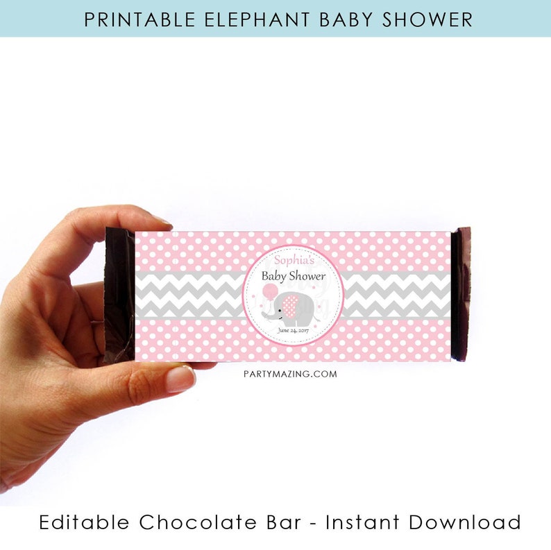 Pink Elephant Chocolate Bar Wrappers Printable Party Favor Hershey Chocolate Girl Pink and Grey Wrappers E169 image 1