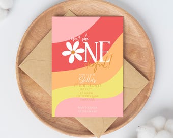 Piękne zaproszenie na pierwsze urodziny dla dziewczynki, zaproszenie na pierwsze urodziny w stylu boho daisy, edytowalny szablon Canva, natychmiastowe pobranie